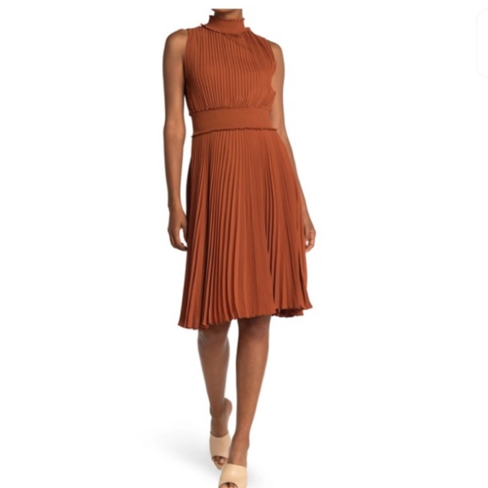 NWT Nanette Lepore Mock Neck Smocked Waist Pleated Dress
